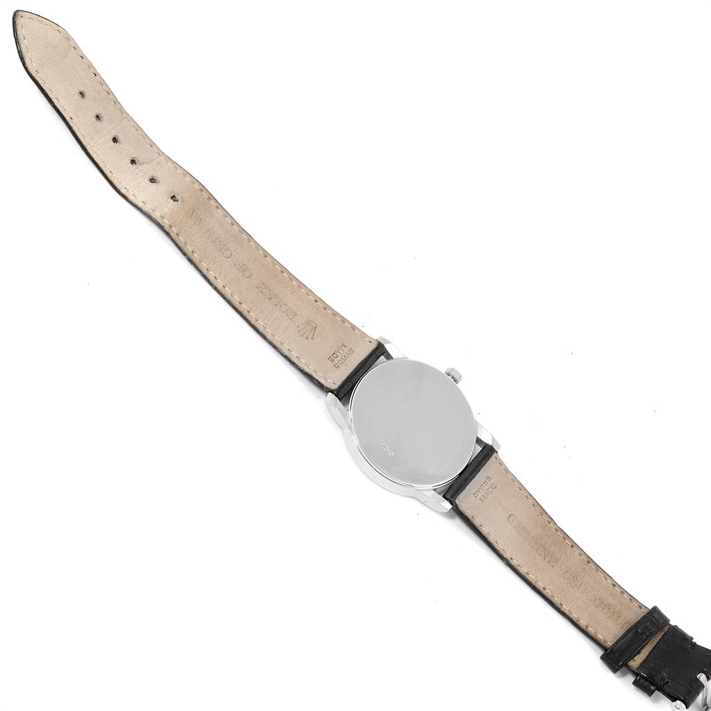 The image shows the back and leather strap of a Rolex Cellini 5116 Men's White Gold Grey Dial 5116 Men's White Gold Grey Dial watch.