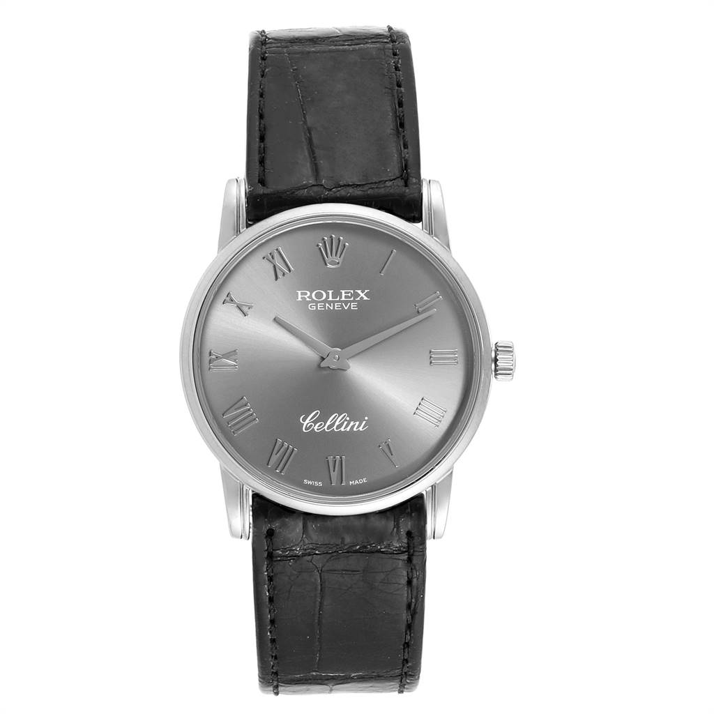 The image shows a front view of a Rolex Cellini 5116 Men's White Gold Grey Dial 5116 Men's White Gold Grey Dial watch, displaying the dial, hands, and leather strap.
