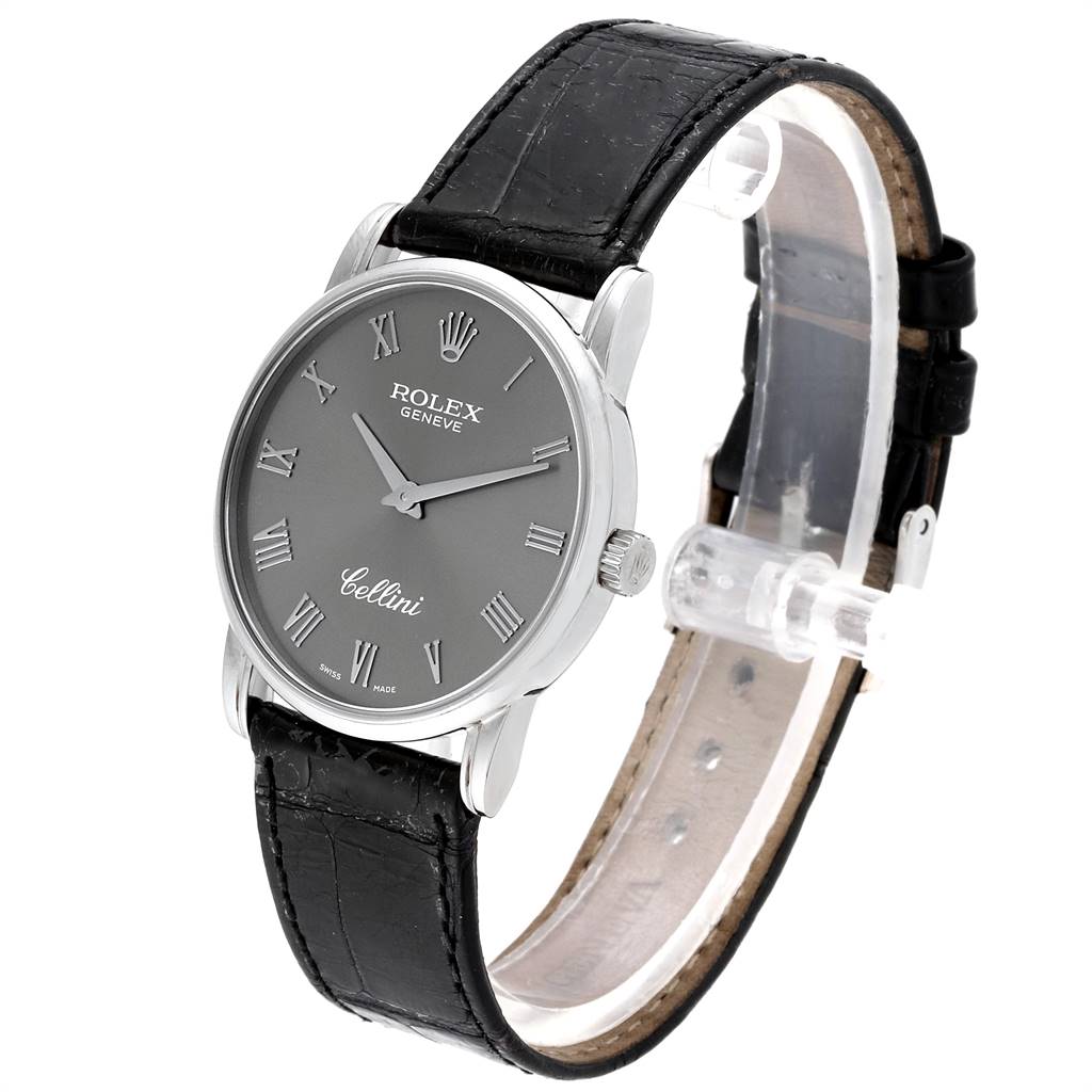 The image shows a side-angle view of a Rolex Cellini 5116 Men's White Gold Grey Dial 5116 Men's White Gold Grey Dial watch, highlighting its face, black leather strap, and crown.