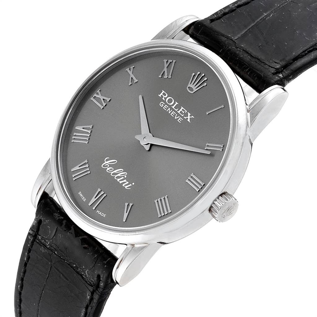 The image shows a Rolex Cellini 5116 Men's White Gold Grey Dial 5116 Men's White Gold Grey Dial watch from a slight angled front view, highlighting its dial, strap, and crown.