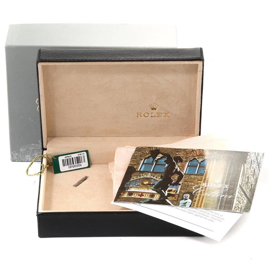 The image shows the packaging, box, and booklet for the Rolex Cellini 5116 Men's White Gold Grey Dial 5116 Men's White Gold Grey Dial model.