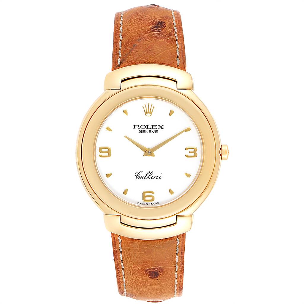 This image shows a frontal view of a Rolex Cellini 6623 Men's Yellow Gold White Dial 6623 Men's Yellow Gold White Dial watch with a gold case and brown leather strap.