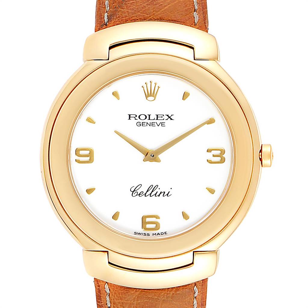 The image shows a front view of the Rolex Cellini 6623 Men's Yellow Gold White Dial 6623 Men's Yellow Gold White Dial watch, highlighting its gold casing, white dial, and brown leather strap.