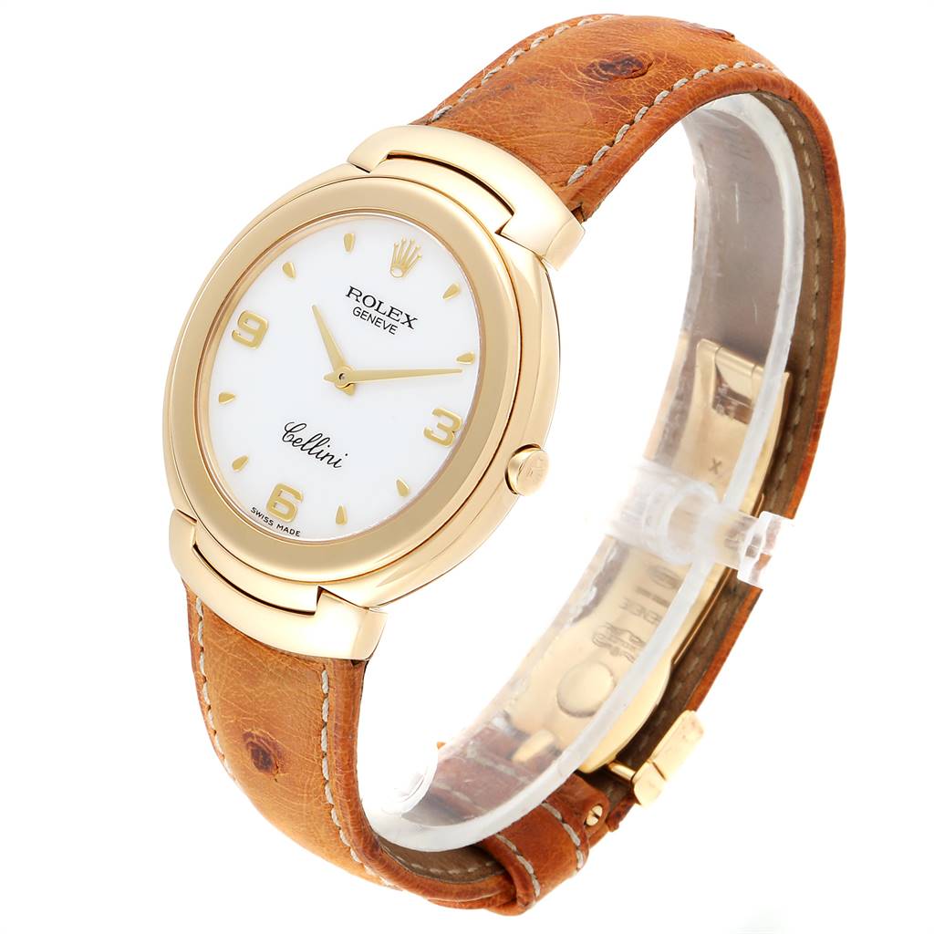 The Rolex Cellini 6623 Men's Yellow Gold White Dial 6623 Men's Yellow Gold White Dial watch is shown from a right-side angle, highlighting its face, crown, and brown leather strap.