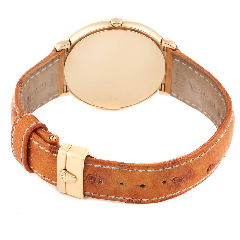 This image shows the back and part of the leather strap of a Rolex Cellini 6623 Men's Yellow Gold White Dial 6623 Men's Yellow Gold White Dial watch from a rear angle.