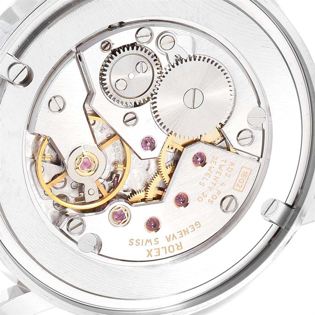 This image shows the intricate inner workings and movement of a Rolex Cellini 5115 Men's White Gold Grey Dial 5115 Men's White Gold Grey Dial watch, viewed from the back.