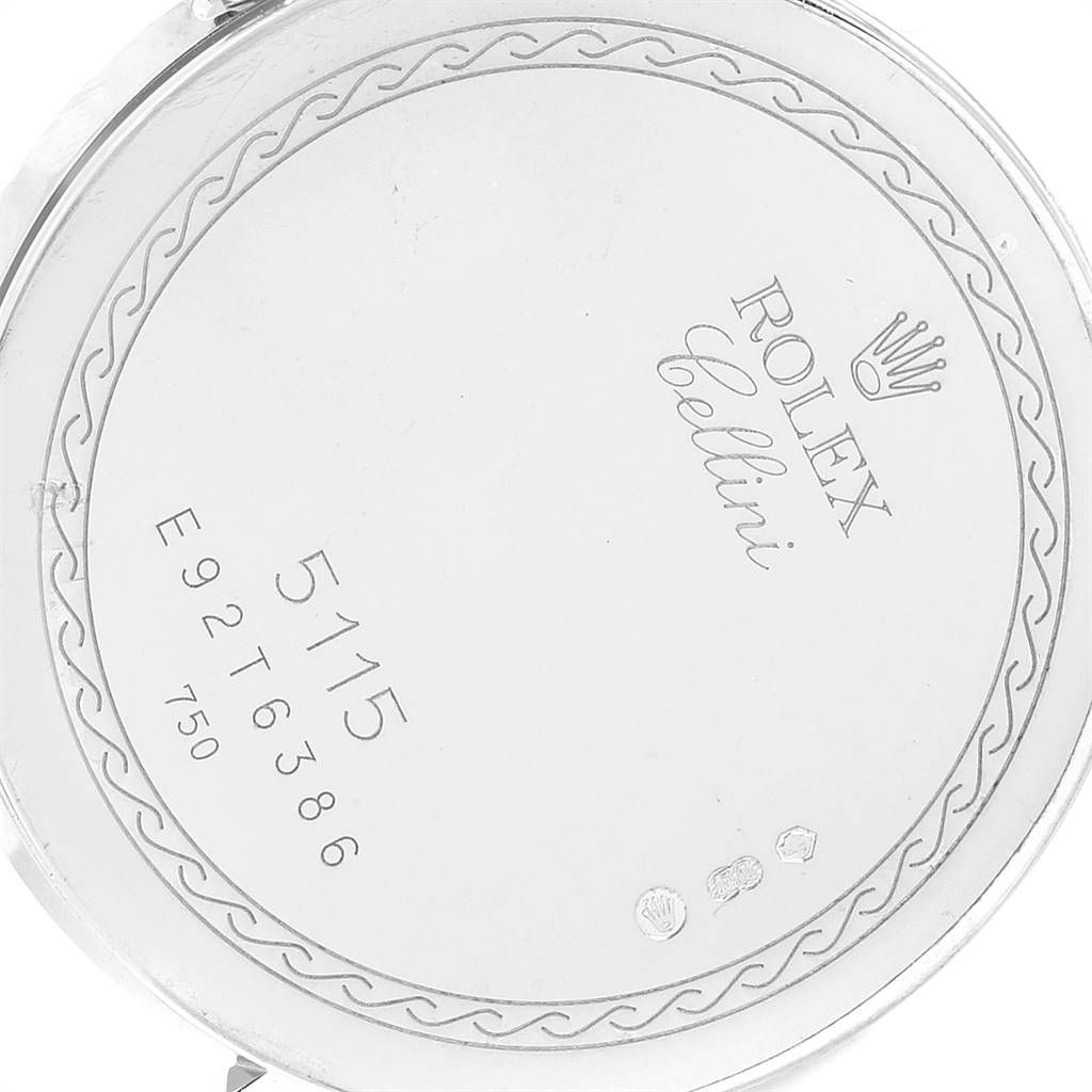 The image shows the case back of a Rolex Cellini 5115 Men's White Gold Grey Dial 5115 Men's White Gold Grey Dial watch, including model number engravings.