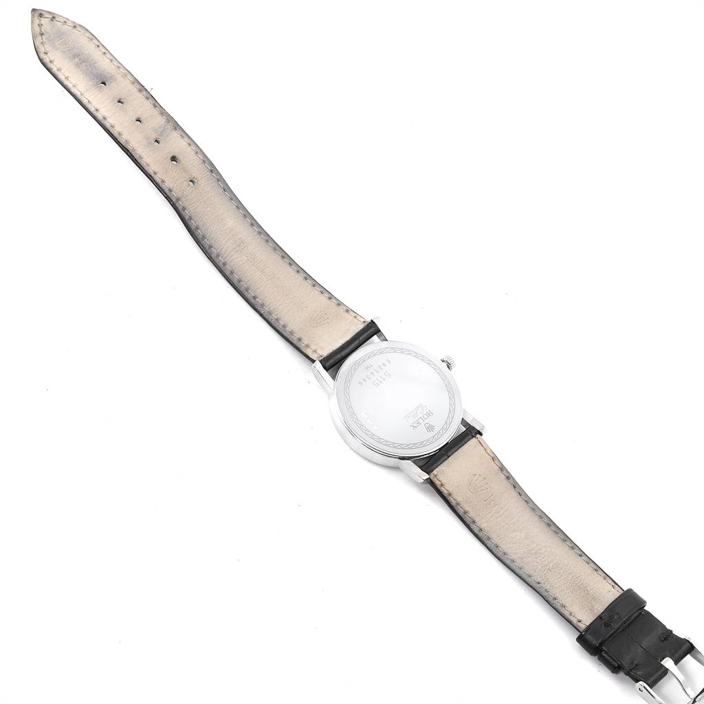 The image shows the back view of a Rolex Cellini 5115 Men's White Gold Grey Dial 5115 Men's White Gold Grey Dial watch, highlighting its rear case and leather strap.