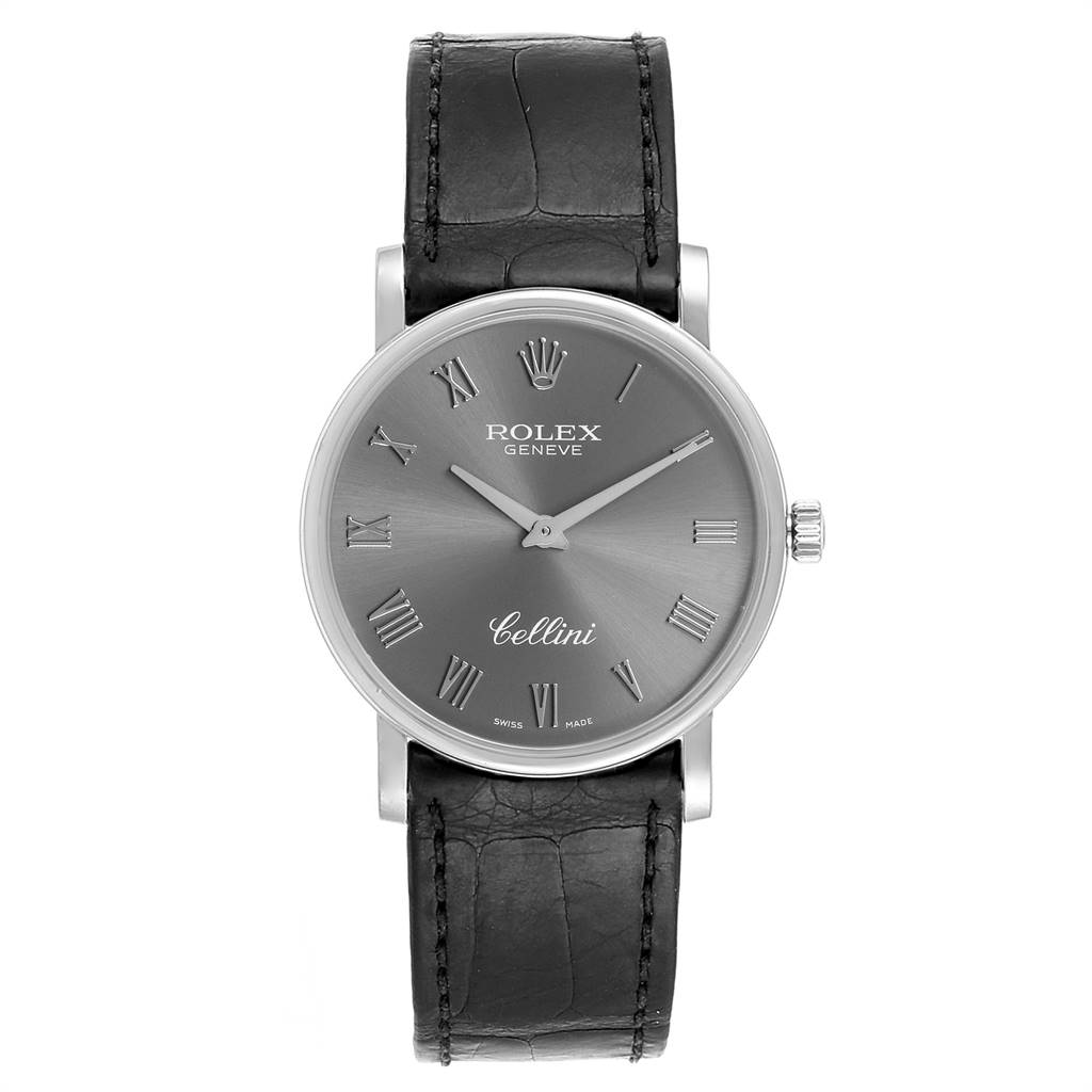 The image shows a front view of a Rolex Cellini 5115 Men's White Gold Grey Dial 5115 Men's White Gold Grey Dial watch with a grey dial and black leather strap.