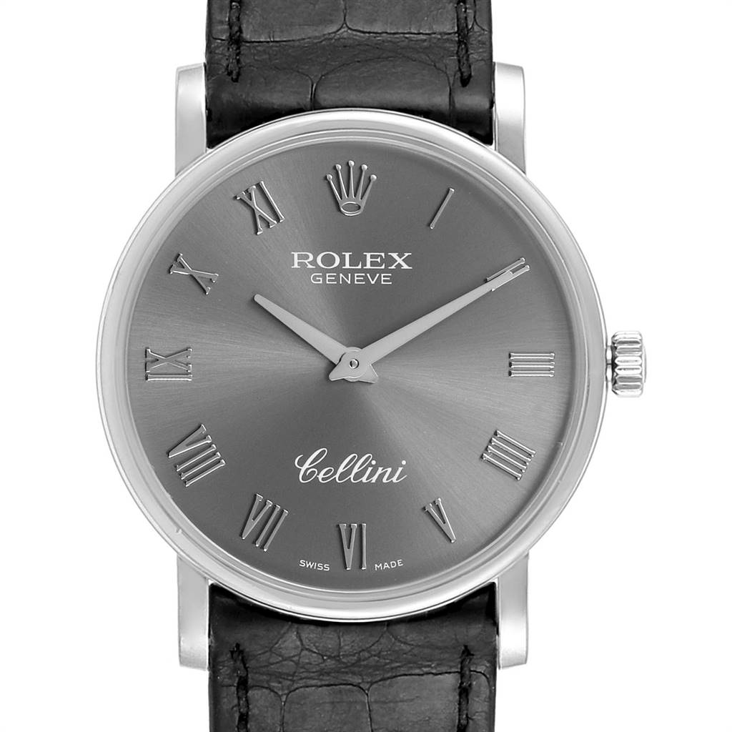 This image shows a front view of a Rolex Cellini 5115 Men's White Gold Grey Dial 5115 Men's White Gold Grey Dial watch, displaying its face, crown, and part of the leather strap.
