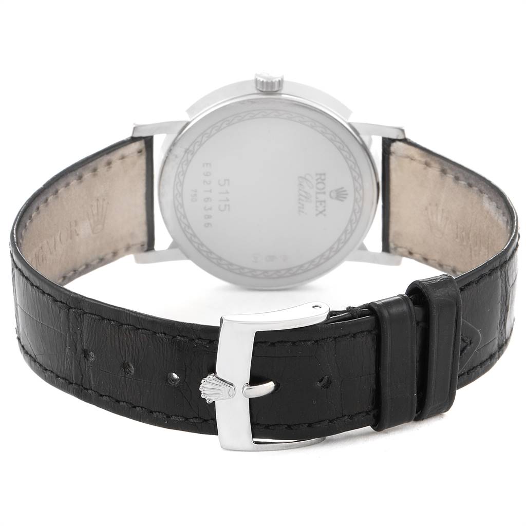 The image shows the back view of a Rolex Cellini 5115 Men's White Gold Grey Dial 5115 Men's White Gold Grey Dial watch with its leather strap and buckle visible.