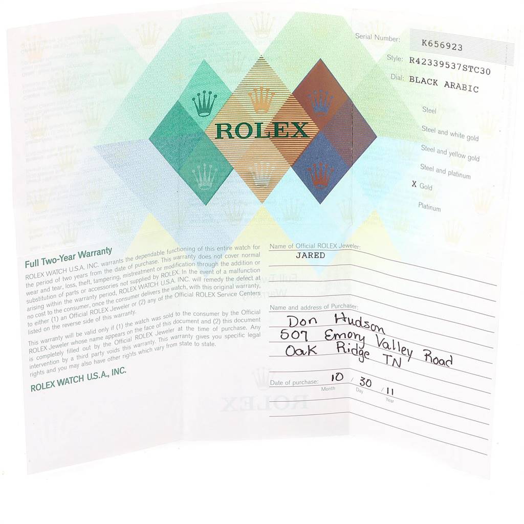 This image shows a warranty card and information booklet for a Rolex Cellini 4233 Men
s White Gold Black Dial 4233 Men
s White Gold Black Dial model watch.