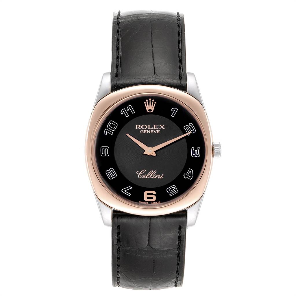 This image shows a front view of the Rolex Cellini 4233 Men
s White Gold Black Dial 4233 Men
s White Gold Black Dial watch, focusing on the face, bezel, and strap.