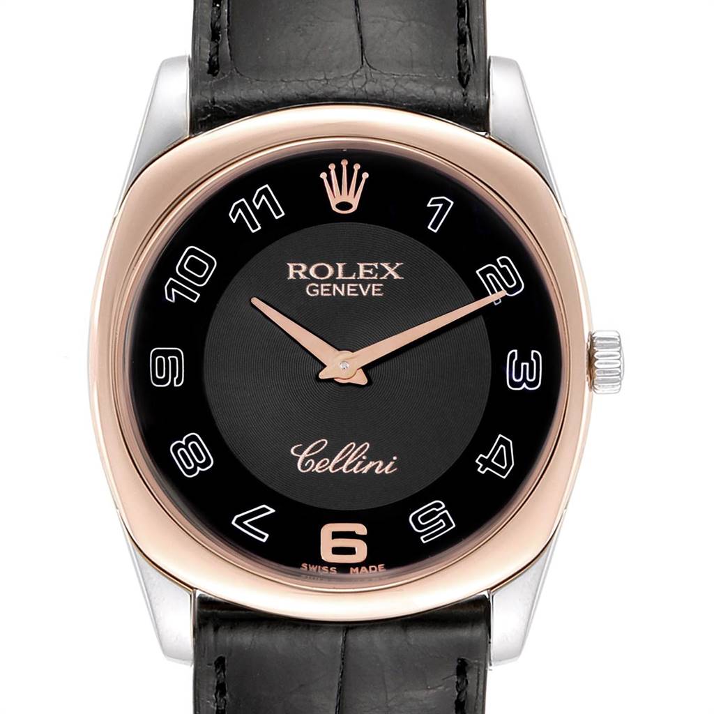 The image shows a front view of a Rolex Cellini 4233 Men
s White Gold Black Dial 4233 Men
s White Gold Black Dial watch, highlighting its dial, hands, bezel, and strap.