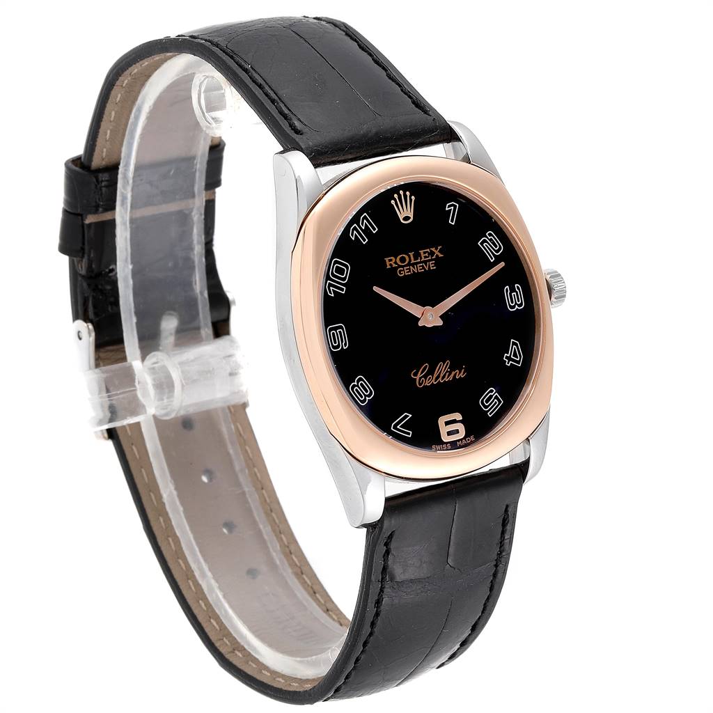 The image shows a Rolex Cellini 4233 Men
s White Gold Black Dial 4233 Men
s White Gold Black Dial watch at a three-quarter angle, displaying the dial, case, lugs, and leather strap.
