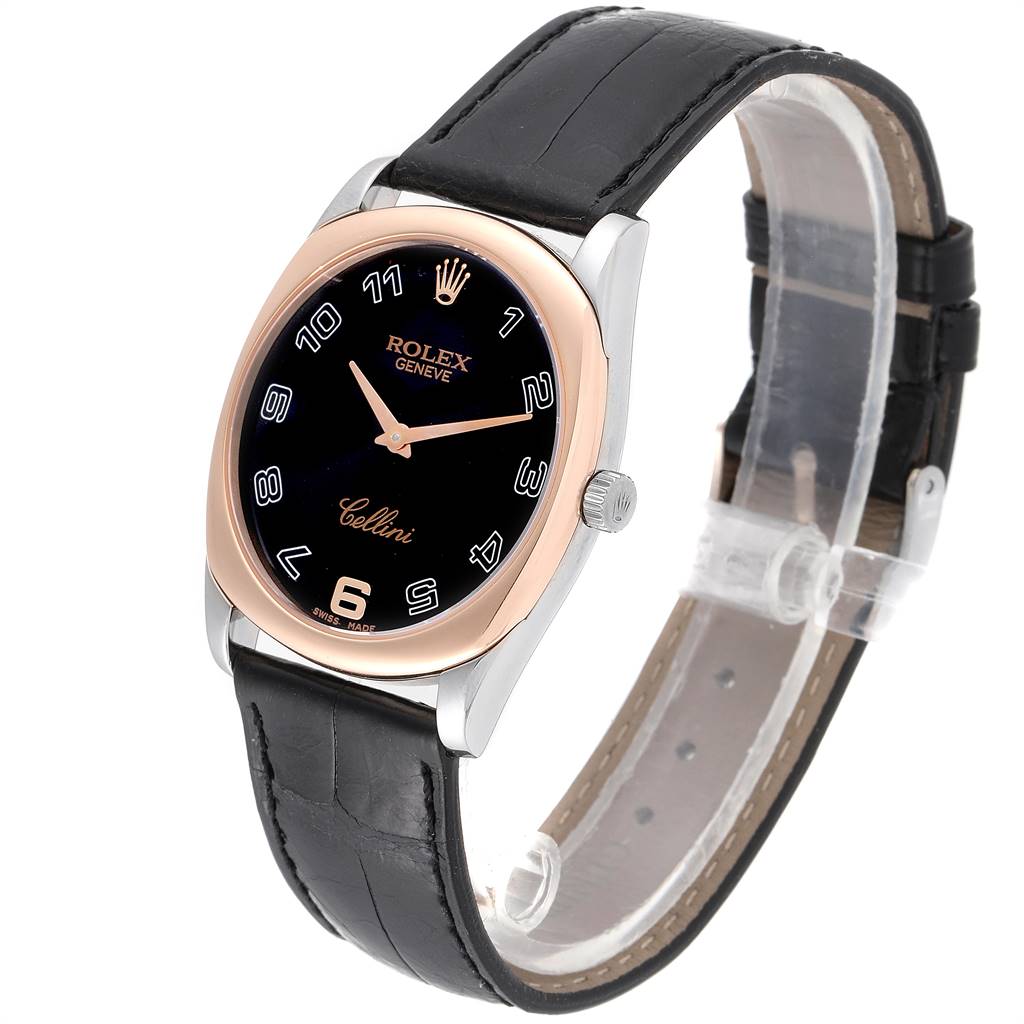 This image shows a Rolex Cellini 4233 Men
s White Gold Black Dial 4233 Men
s White Gold Black Dial watch at a slight angle, displaying the face, bezel, crown, and black leather strap.