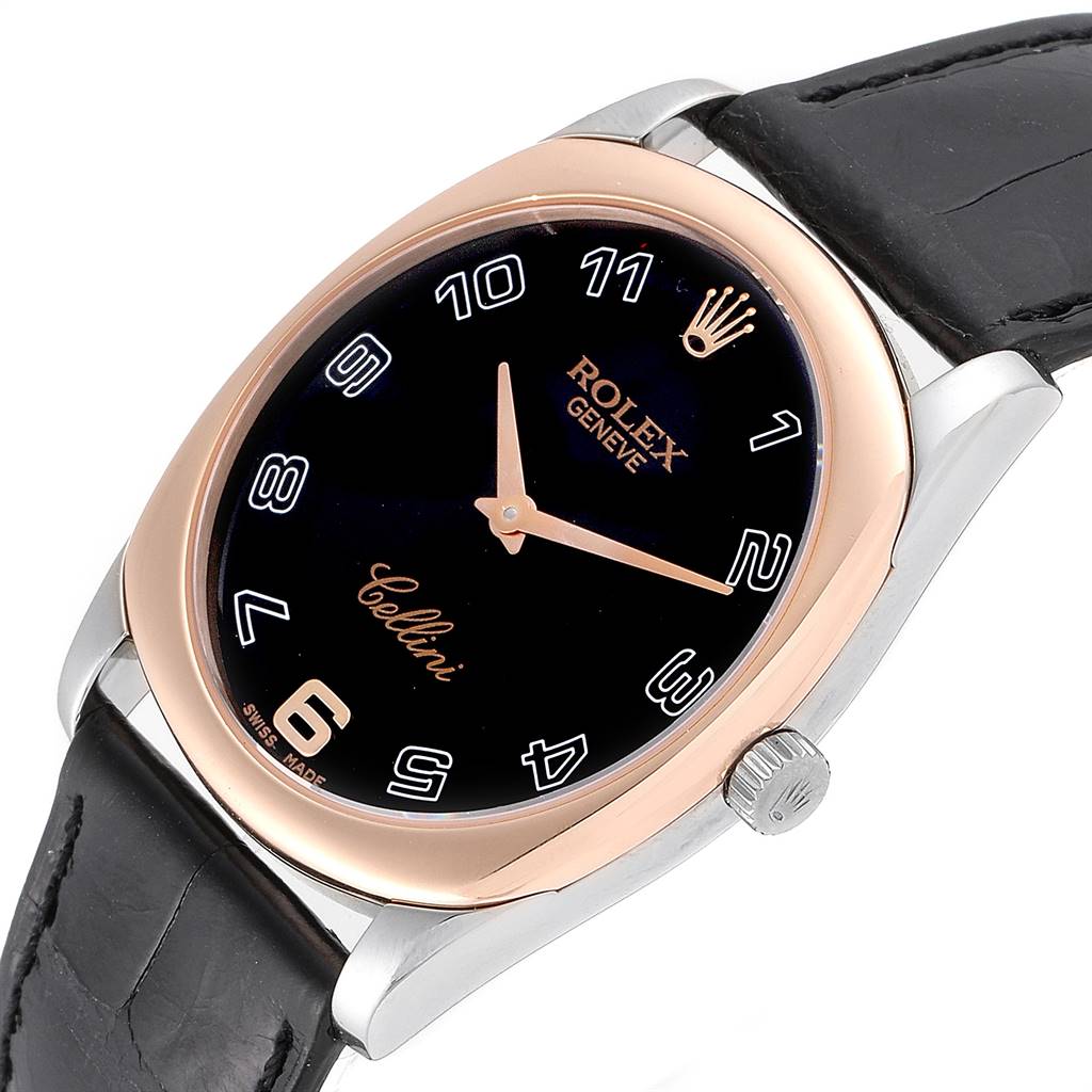 The image shows a top-angle view of a Rolex Cellini 4233 Men
s White Gold Black Dial 4233 Men
s White Gold Black Dial watch, highlighting the dial, case, crown, and leather strap.