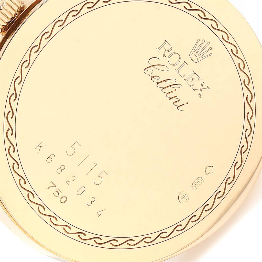 The image shows the back case of a Rolex Cellini 5115 Men's Yellow Gold Mother of Pearl Dial 5115 Men's Yellow Gold Mother of Pearl Dial watch, including model and serial numbers.