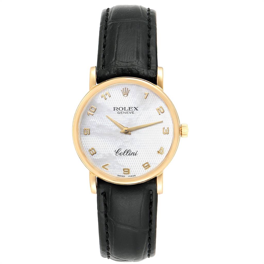 This image shows a front view of a Rolex Cellini 5115 Men's Yellow Gold Mother of Pearl Dial 5115 Men's Yellow Gold Mother of Pearl Dial watch, displaying the dial, hands, and part of the leather strap.
