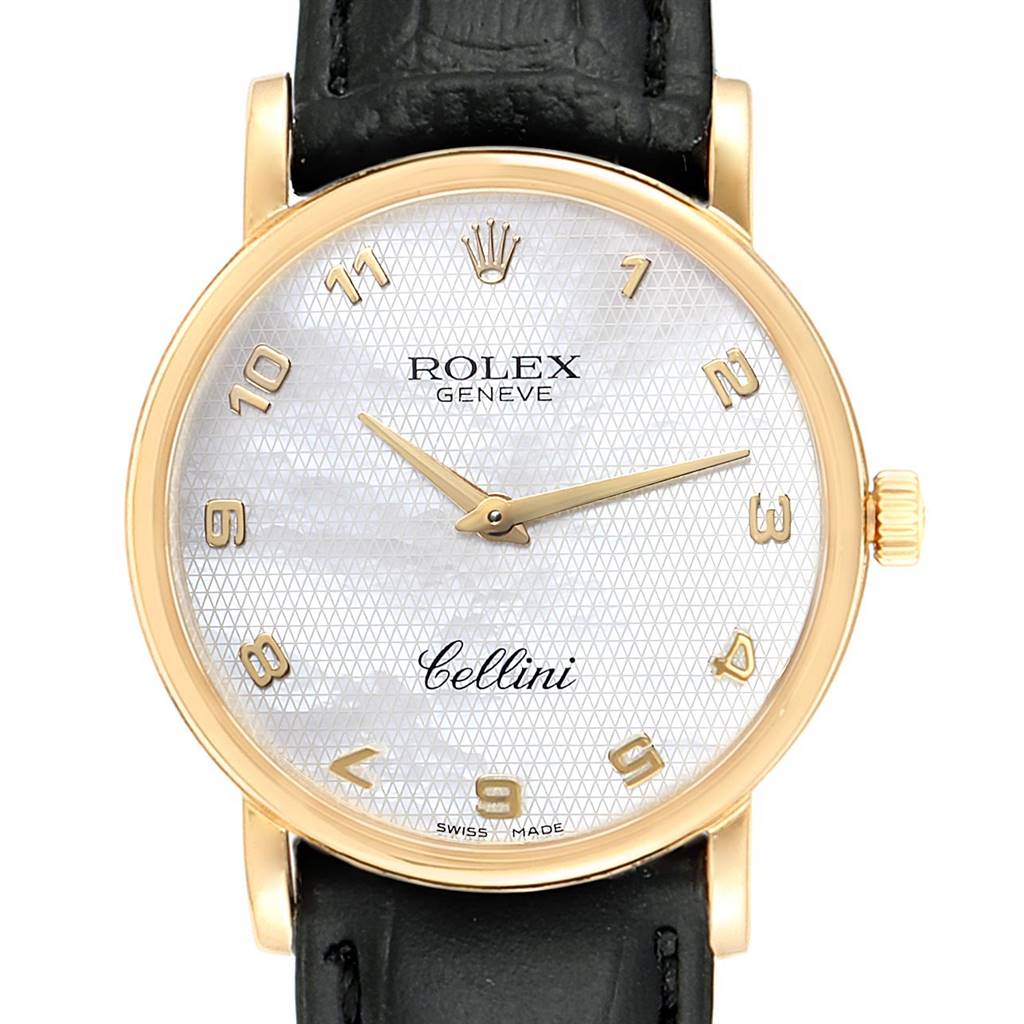 The image shows a Rolex Cellini 5115 Men's Yellow Gold Mother of Pearl Dial 5115 Men's Yellow Gold Mother of Pearl Dial watch from a frontal angle, displaying its face, gold hands, and leather strap.