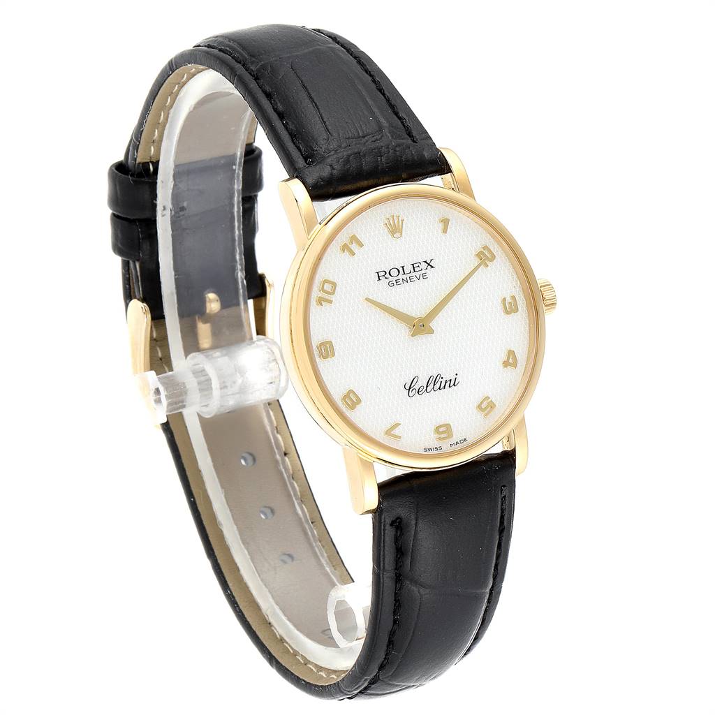 The image shows a side-angle view of a Rolex Cellini 5115 Men's Yellow Gold Mother of Pearl Dial 5115 Men's Yellow Gold Mother of Pearl Dial watch, highlighting its face, gold case, and black leather strap.