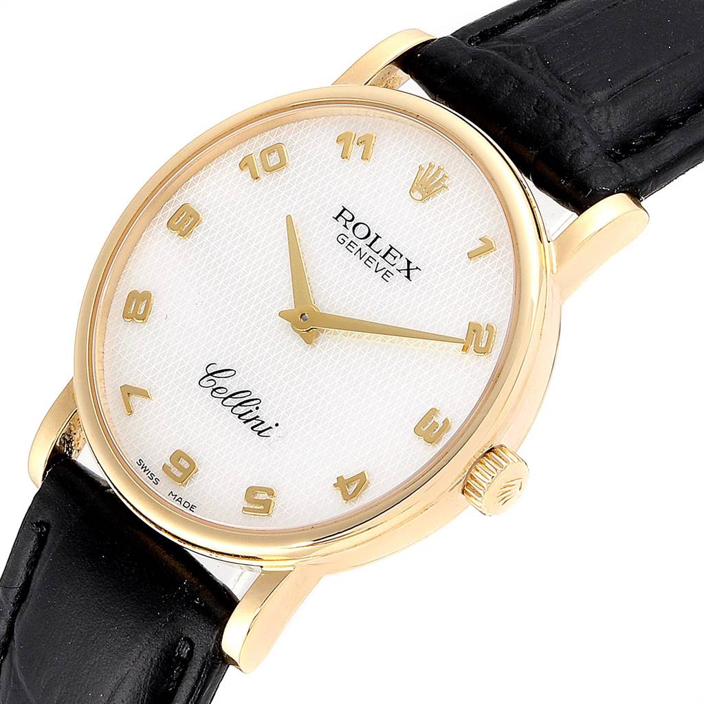 This image shows a close-up of the face and part of the black strap of a Rolex Cellini 5115 Men's Yellow Gold Mother of Pearl Dial 5115 Men's Yellow Gold Mother of Pearl Dial watch.