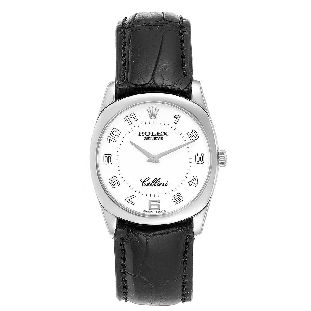 The image shows a frontal view of a Rolex Cellini 4233 Men's White Gold White Dial 4233 Men's White Gold White Dial watch with a black leather strap and a white dial.
