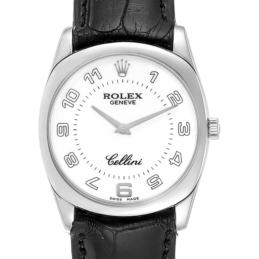 This Rolex Cellini 4233 Men's White Gold White Dial 4233 Men's White Gold White Dial watch is shown in a front view, displaying its face, case, crown, and leather strap.