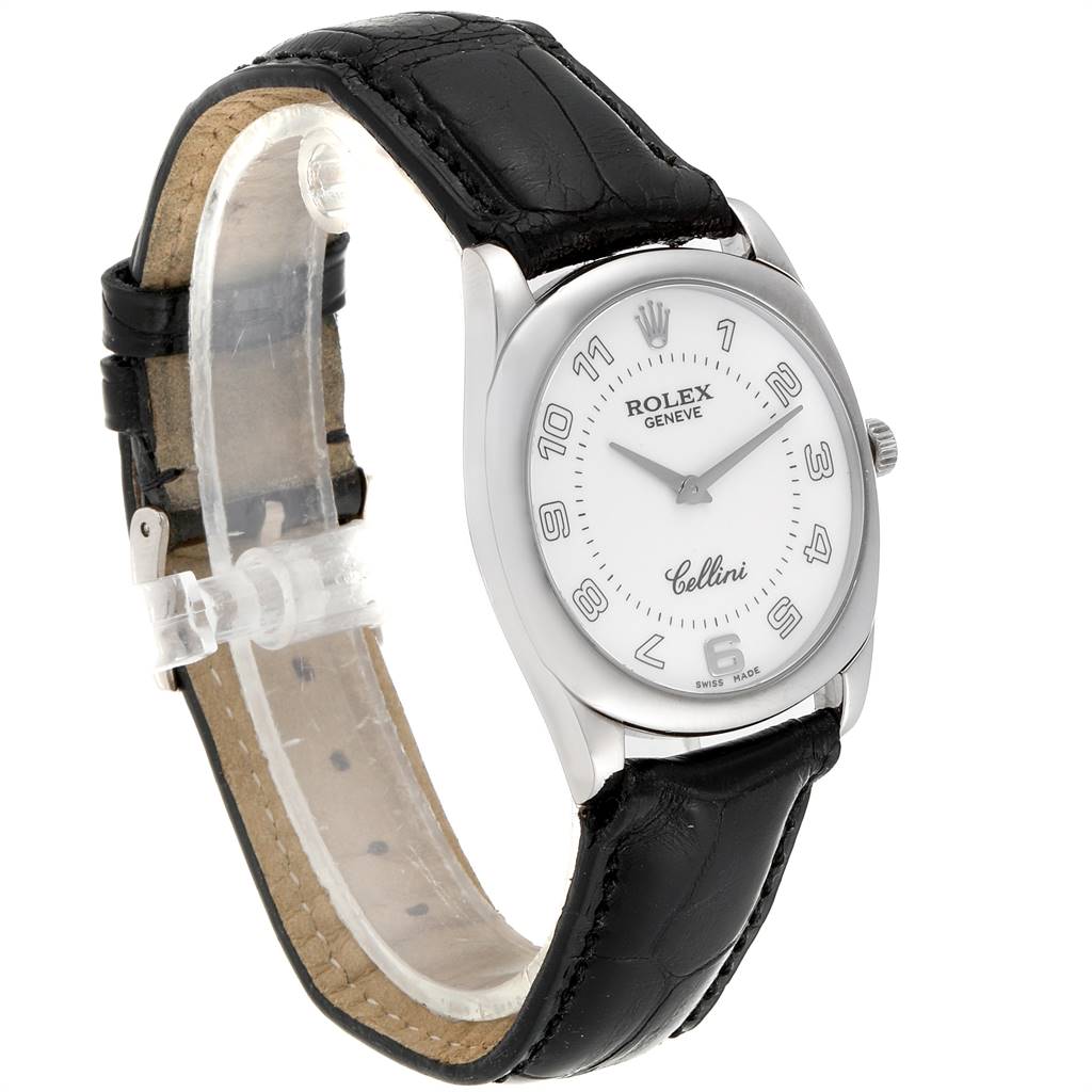 The image shows a side view of a Rolex Cellini 4233 Men's White Gold White Dial 4233 Men's White Gold White Dial watch, highlighting its face, bezel, crown, and black leather strap.