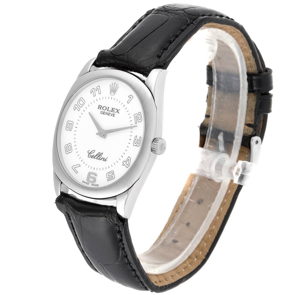 The image shows a side-angle view of a Rolex Cellini 4233 Men's White Gold White Dial 4233 Men's White Gold White Dial watch featuring the dial, crown, and leather strap.