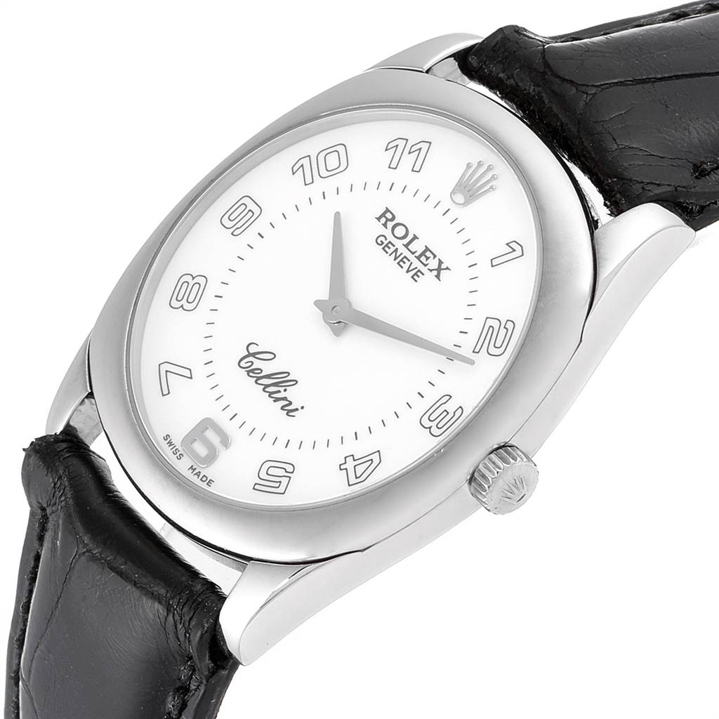 This image shows a Rolex Cellini 4233 Men's White Gold White Dial 4233 Men's White Gold White Dial watch from a side angle, highlighting the dial, hands, case, and leather strap.