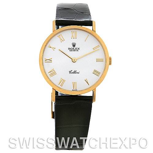 This image shows a front view of a Rolex Cellini 4112 Yellow Gold White Dial 4112 Yellow Gold White Dial watch, highlighting its white dial, gold case, and black leather strap.