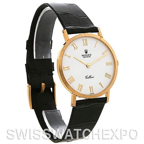 The image shows a Rolex Cellini 4112 Yellow Gold White Dial 4112 Yellow Gold White Dial watch from a front angle, featuring a white dial, gold Roman numerals, and a black leather strap.