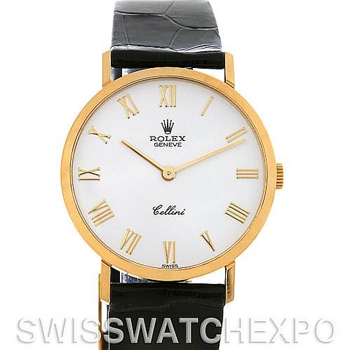 The image shows a front view of a Rolex Cellini 4112 Yellow Gold White Dial 4112 Yellow Gold White Dial watch with a black leather strap and a gold case with Roman numeral hour markers.