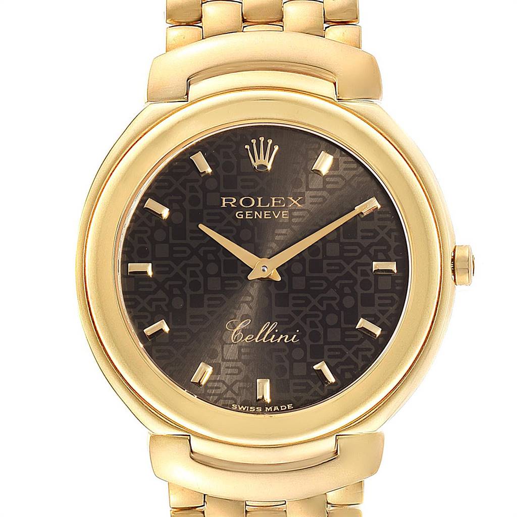 This image shows a Rolex Cellini 6623 Men's Yellow Gold Brown Dial 6623 Men's Yellow Gold Brown Dial watch face and part of its gold bracelet from a centered, front-facing angle.