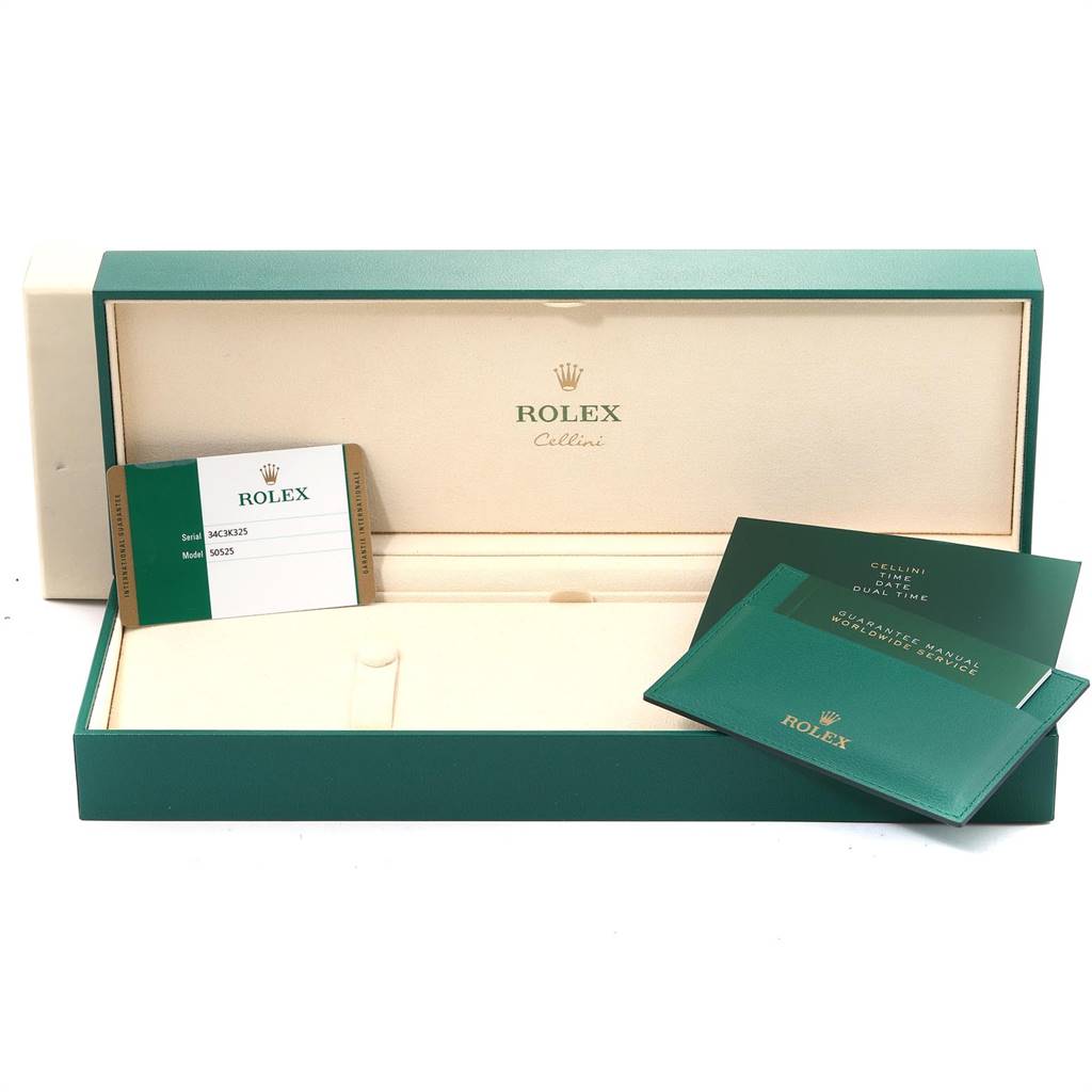 This image shows the open display box for a Rolex Cellini 50525 Men
s Rose Gold Black Dial 50525 Men
s Rose Gold Black Dial watch, along with the warranty card and instruction manuals.