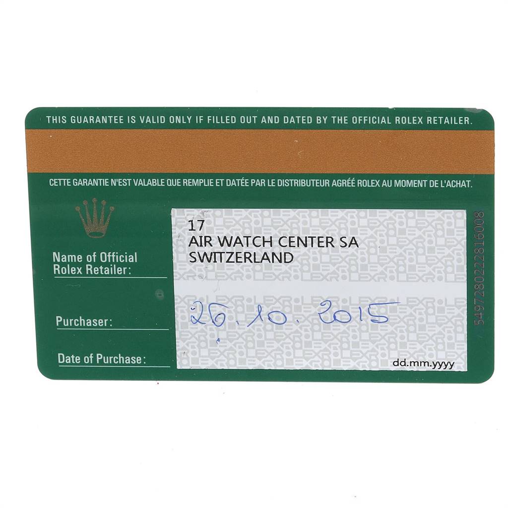 This image shows the warranty card for a Rolex Cellini 50525 Men
s Rose Gold Black Dial 50525 Men
s Rose Gold Black Dial watch, detailing the retailer and purchase date. 