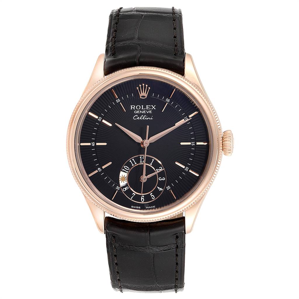 The Rolex Cellini 50525 Men
s Rose Gold Black Dial 50525 Men
s Rose Gold Black Dial watch is shown from a front angle, highlighting the dial, hour markers, hands, and black leather strap.
