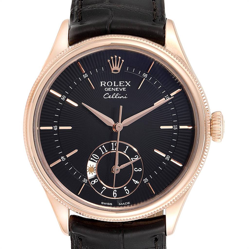 The image shows a close-up, front view of a Rolex Cellini 50525 Men
s Rose Gold Black Dial 50525 Men
s Rose Gold Black Dial watch, highlighting the dial, hands, crown, and part of the black leather strap.