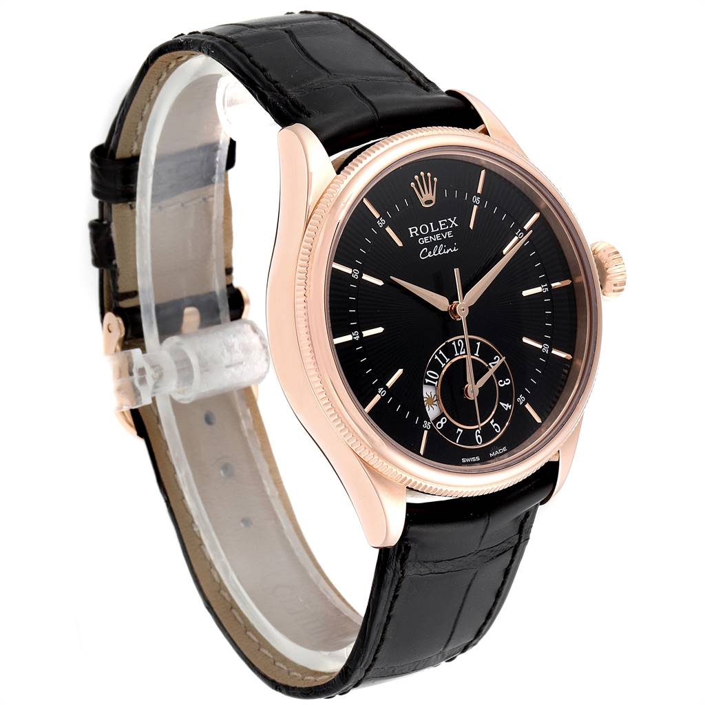 The Rolex Cellini 50525 Men
s Rose Gold Black Dial 50525 Men
s Rose Gold Black Dial watch is shown at a slight angle, highlighting its black dial, rose gold case, and black leather strap.