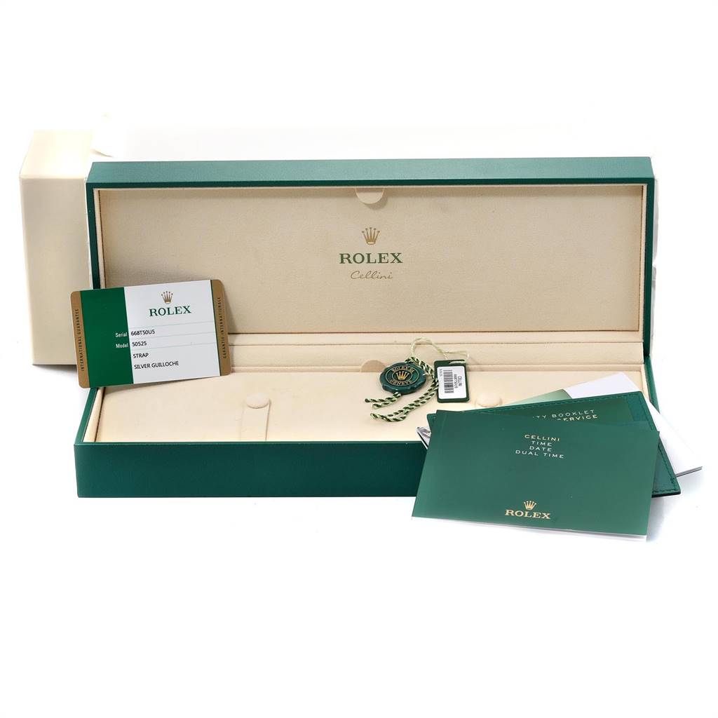 The image shows the open packaging box for a Rolex Cellini 50525 Men's Rose Gold Silver Dial 50525 Men's Rose Gold Silver Dial watch, along with its instruction manuals and authenticity card.