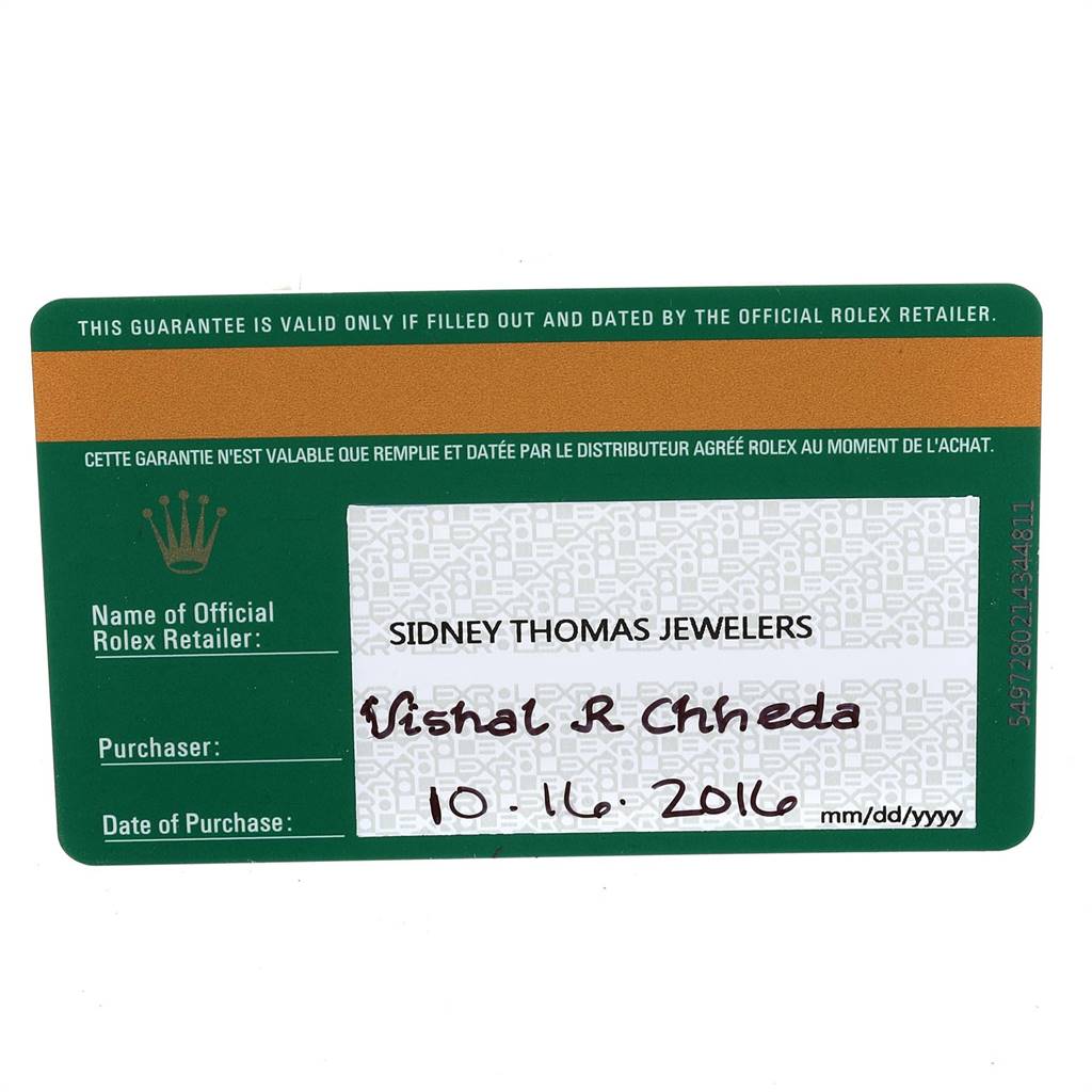 The image shows the warranty card by Rolex for the Cellini model, displaying retailer information and purchase date.