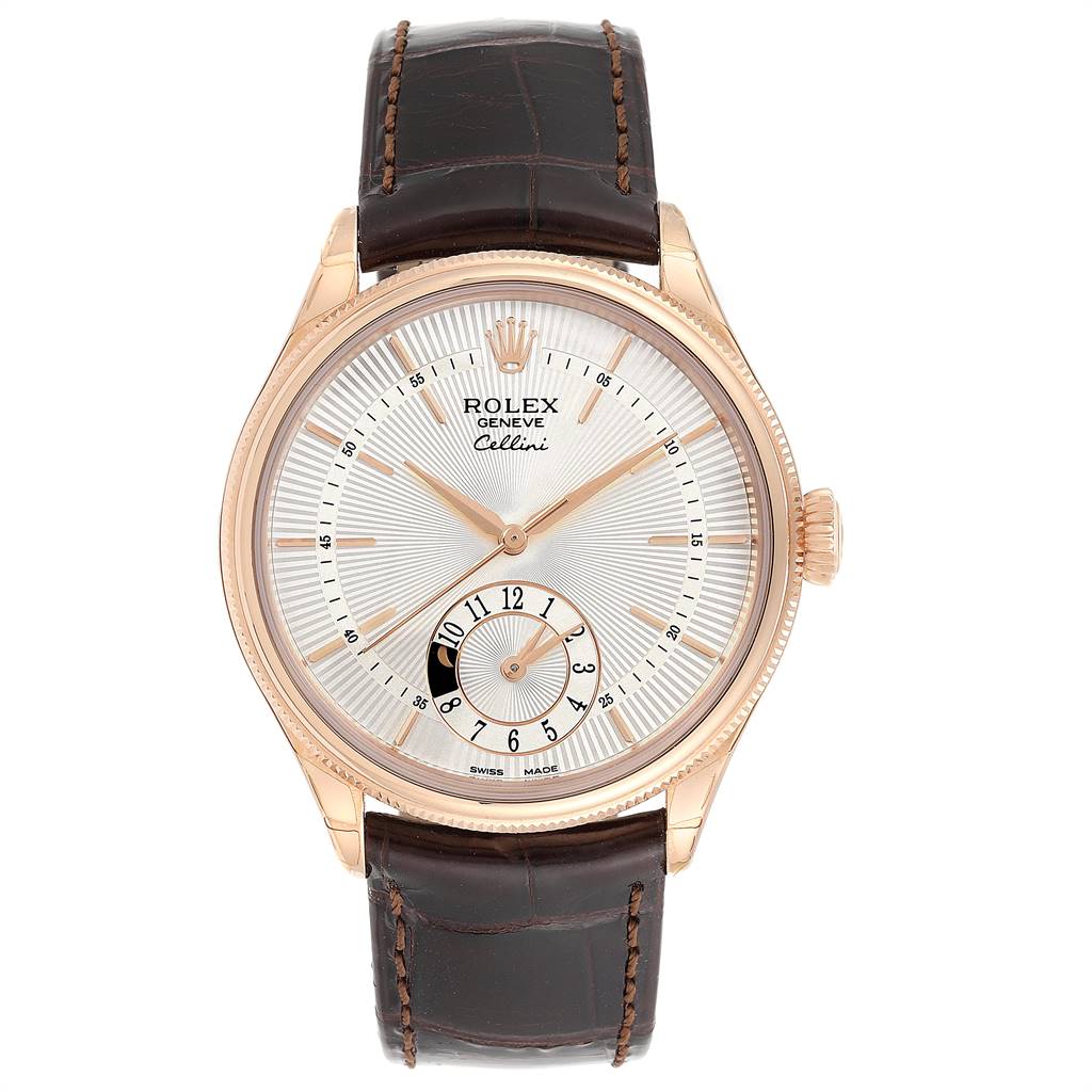 The Rolex Cellini 50525 Men's Rose Gold Silver Dial 50525 Men's Rose Gold Silver Dial watch is shown from a top-down angle, displaying the dial, crown, and leather strap.