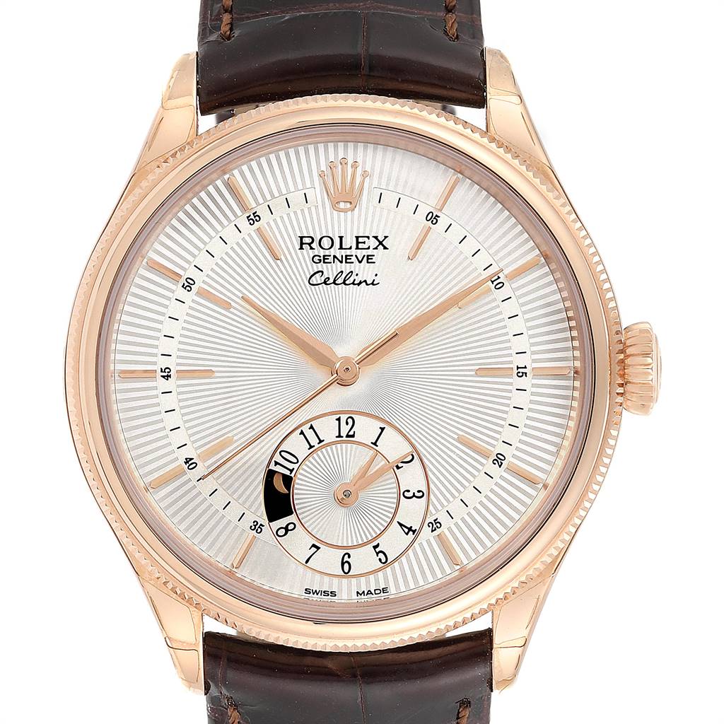 The image shows a front view of a Rolex Cellini 50525 Men's Rose Gold Silver Dial 50525 Men's Rose Gold Silver Dial watch, displaying its dial, hands, and leather strap.