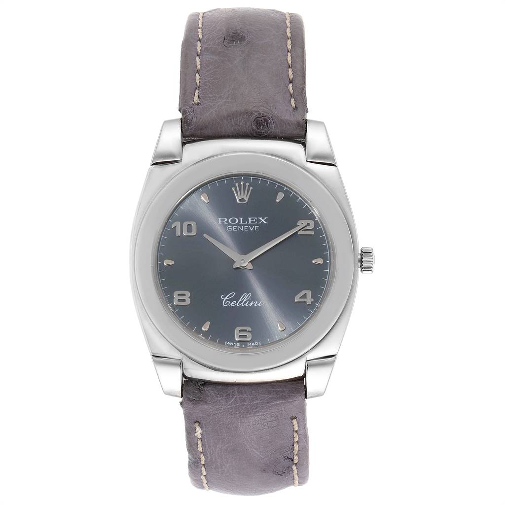 The image shows a front view of a Rolex Cellini 5330 Men's White Gold Grey Dial 5330 Men's White Gold Grey Dial watch featuring its face, dial, and leather strap.