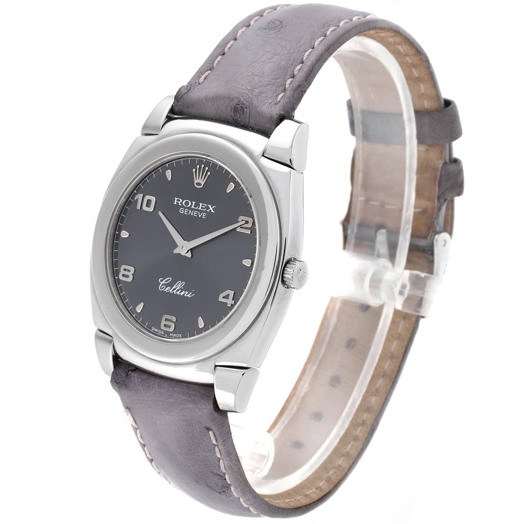 The Rolex Cellini 5330 Men's White Gold Grey Dial 5330 Men's White Gold Grey Dial watch is shown at a slight angle, displaying the dial, crown, and leather strap.