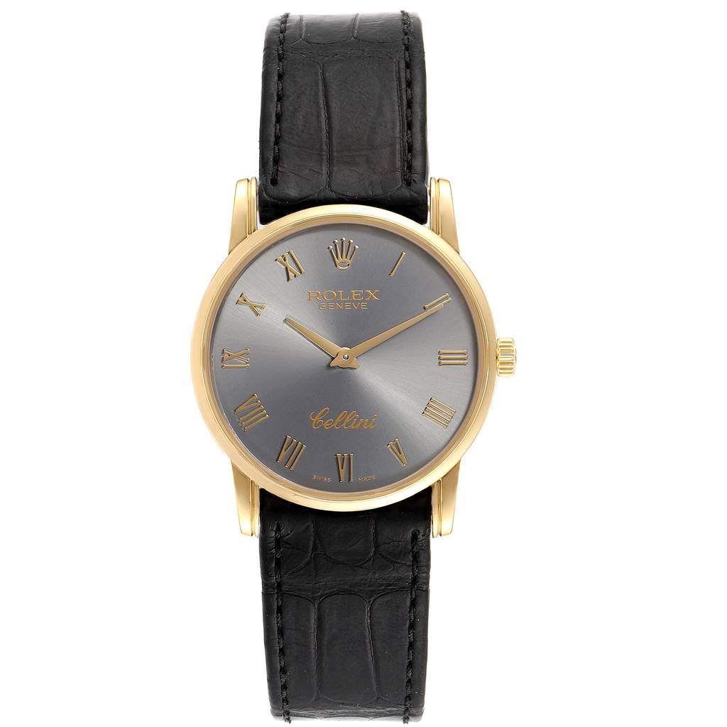 This Rolex Cellini 5116 Men's Yellow Gold Grey Dial 5116 Men's Yellow Gold Grey Dial watch is shown from the front, displaying its black leather strap, gold case, and gray dial with gold Roman numerals.
