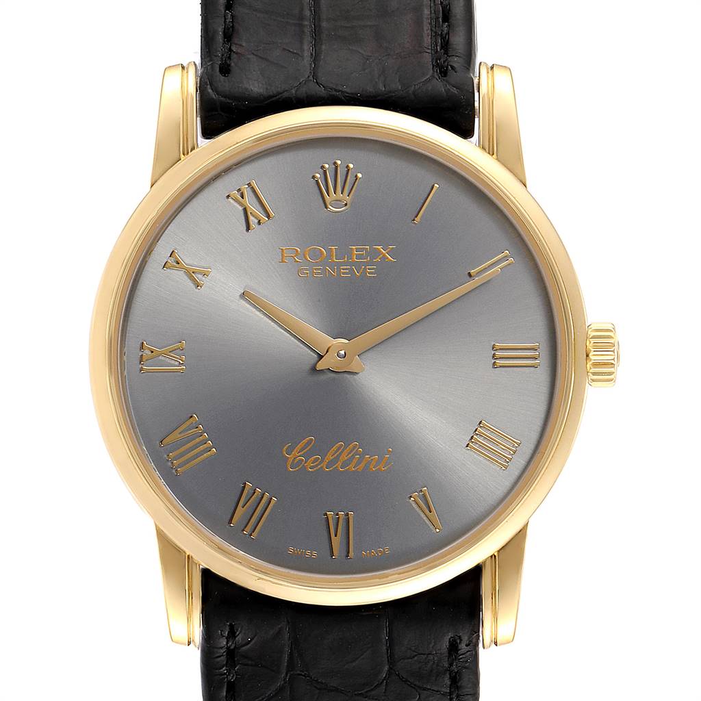 The image shows a front view of a Rolex Cellini 5116 Men's Yellow Gold Grey Dial 5116 Men's Yellow Gold Grey Dial watch with a black leather strap and gold casing.