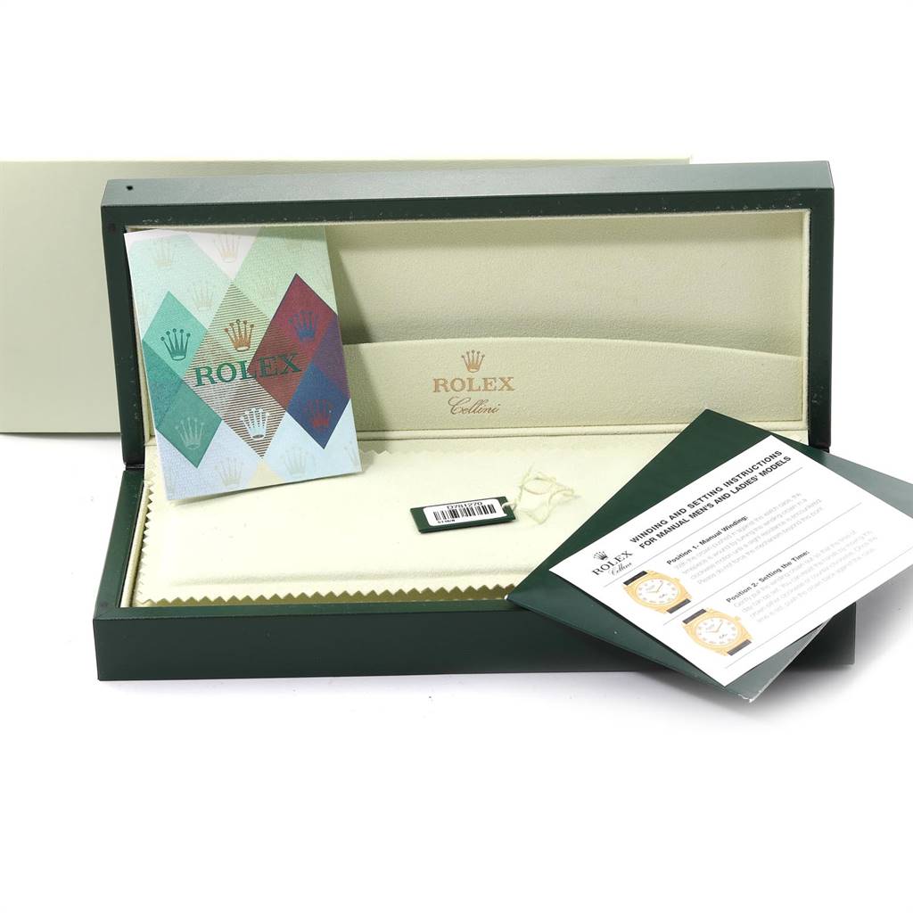 The image shows a Rolex Cellini 5116 Men's Yellow Gold Grey Dial 5116 Men's Yellow Gold Grey Dial watch box, warranty card, and instruction booklet from a front angle.