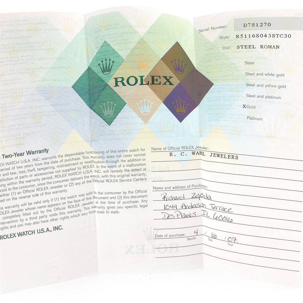 The image shows a Rolex warranty document for a Cellini model watch.